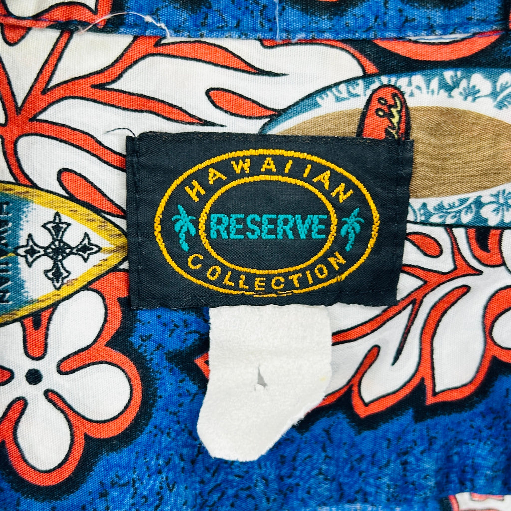 Vintage 90s Hawaiian Reserve Blue 100% Cotton Tropical Surfboard Shirt