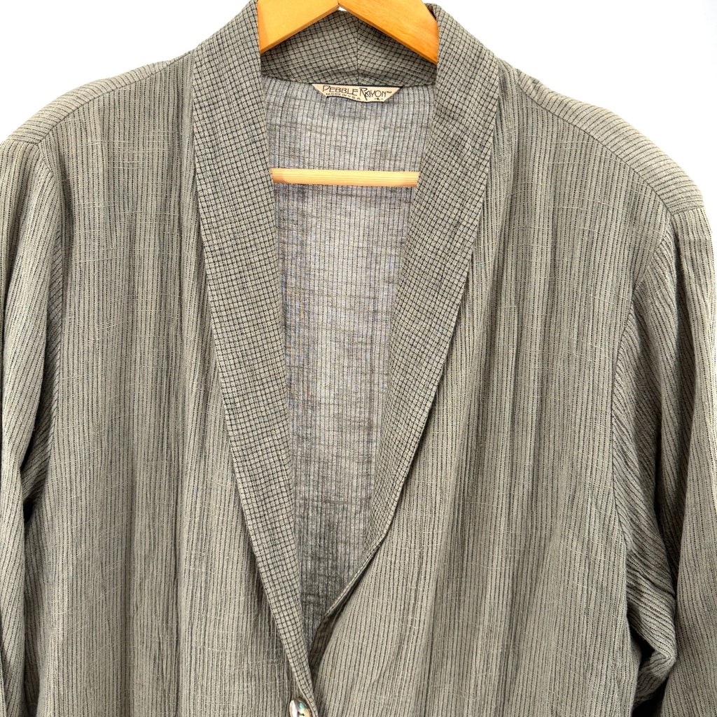 Vintage 80s Pebble Rayon Sage Green Striped Iridescent Button Duster Jacket