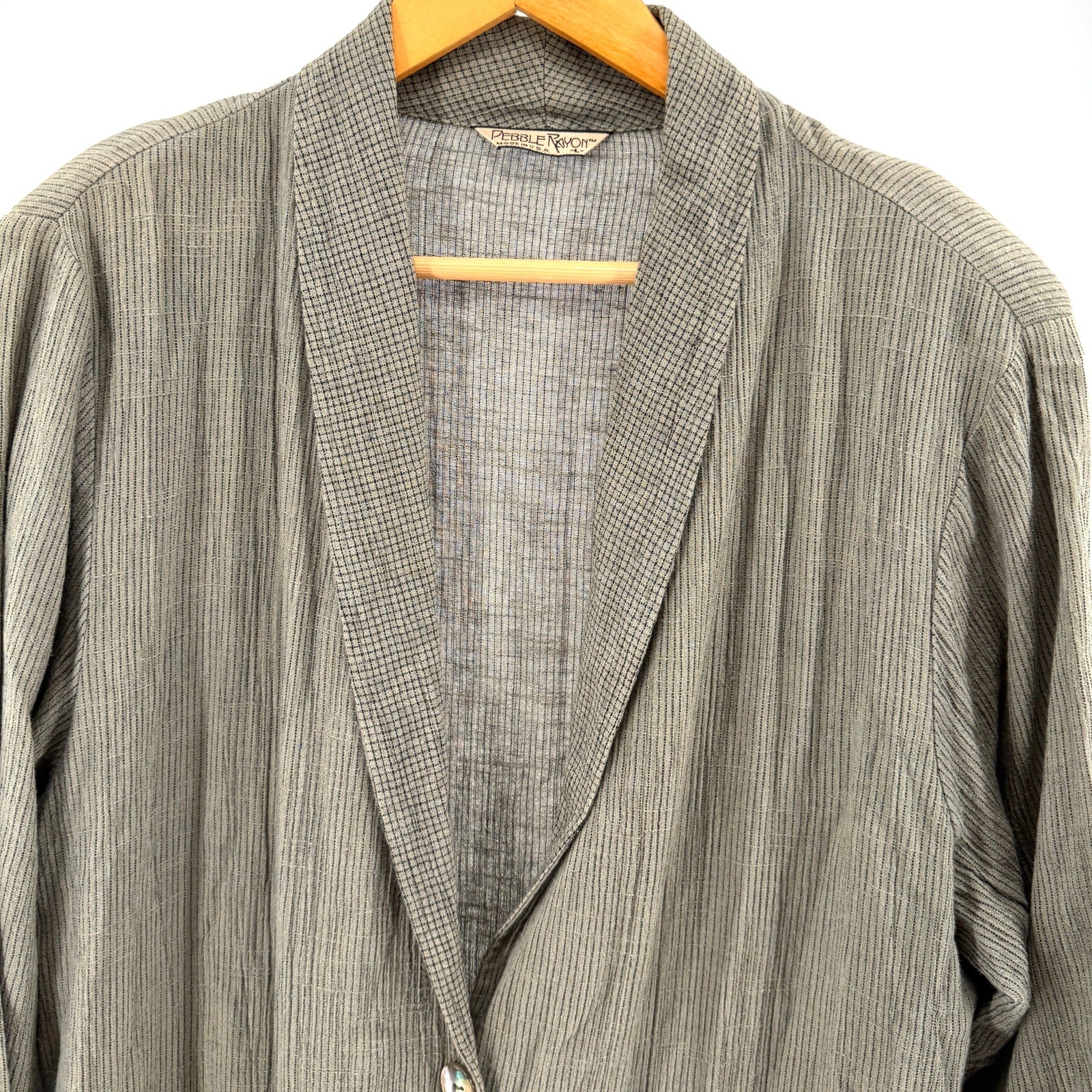 Vintage 80s Pebble Rayon Sage Green Striped Iridescent Button Duster Jacket