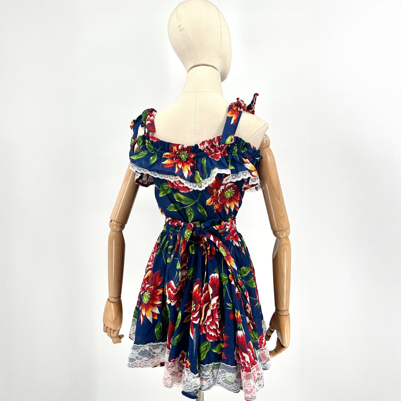 Vintage Navy Blue Floral Pin-Up Off-Shoulder Peasant Mini Dress