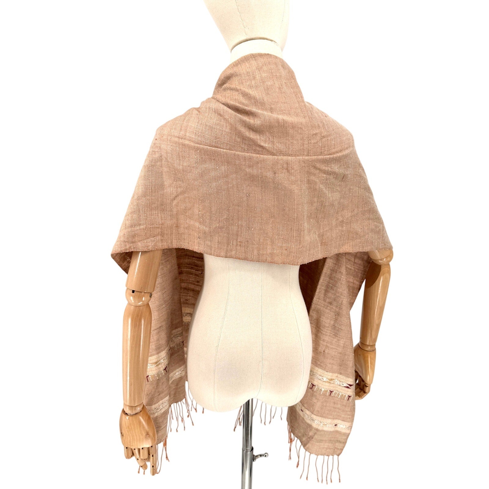 Beige 100% Silk Tribal Woven Raw Texture Fringe Wrap Scarf