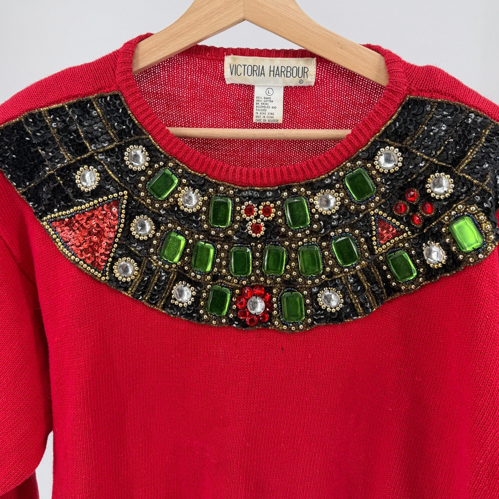Vintage 90s Victoria Harbor Red Maximalist Jeweled Beaded Collar Sweater