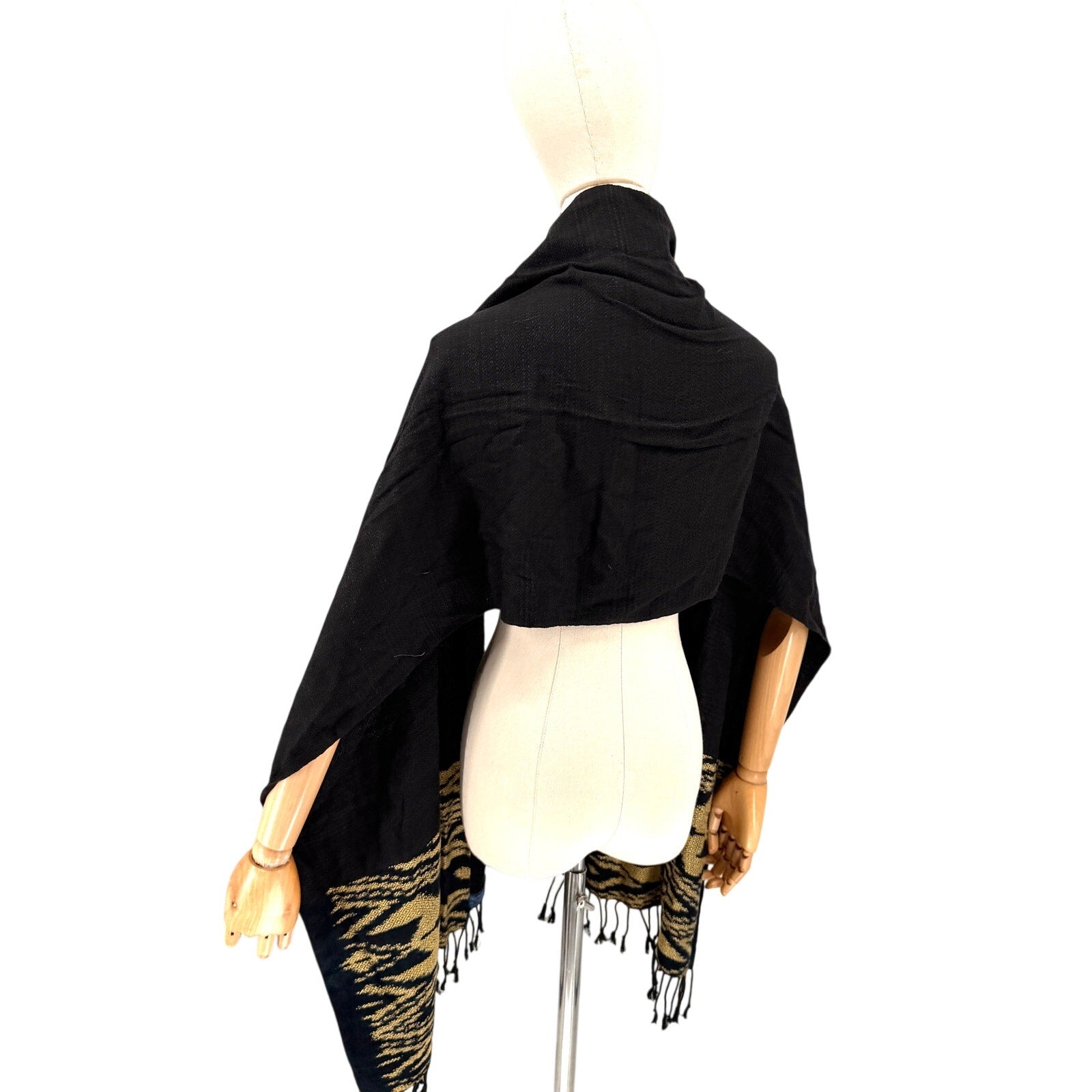 Studio Naenna Black Tan Ikat 100% Cotton Handwoven Fringed Shawl Scarf