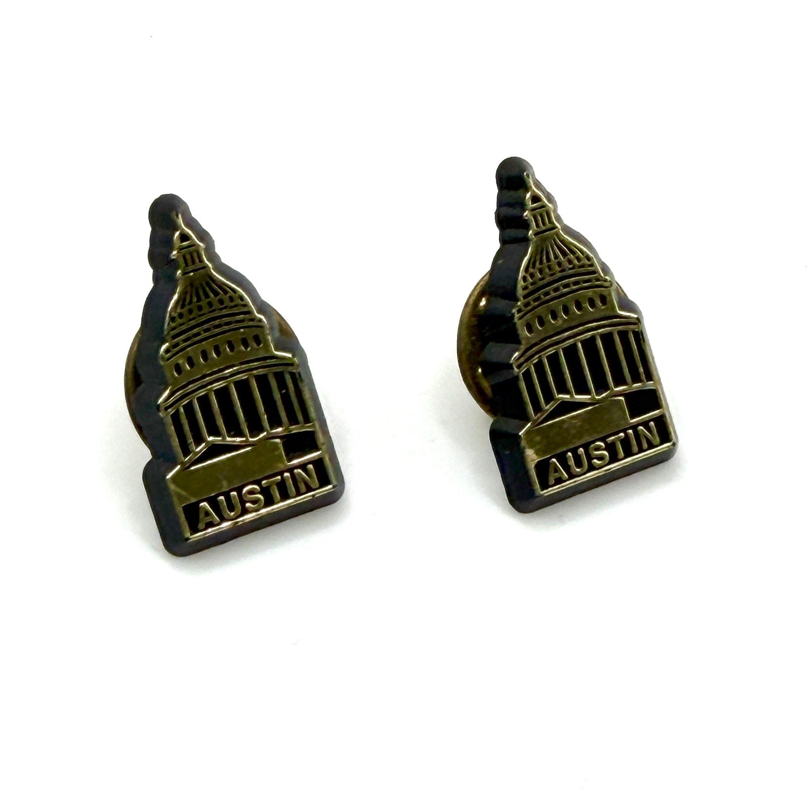 Vintage 80s Gold Tone Austin Texas Capitol Stamped Lapel Tack Pins Pair