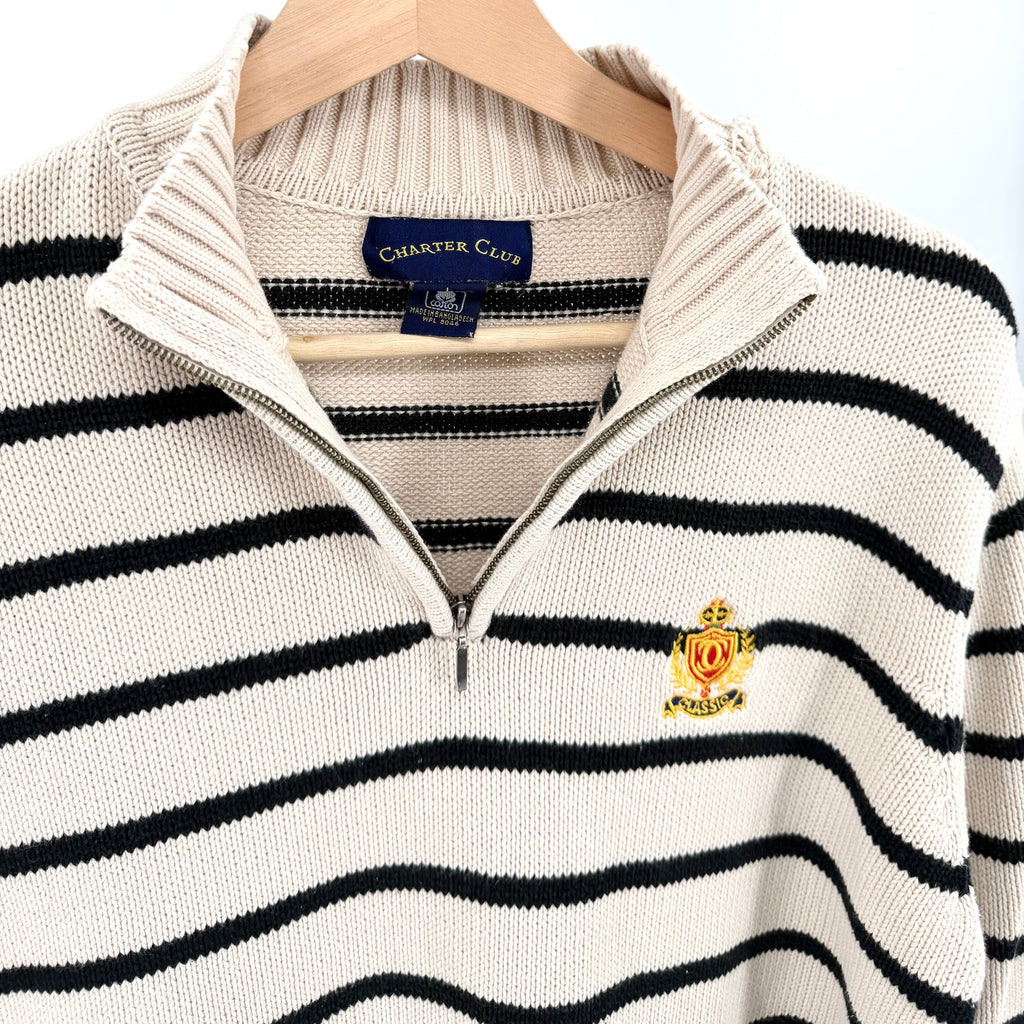 Vintage Y2K Charter Club Cream Black 100% Cotton Gold Crest Half Zip Sweater