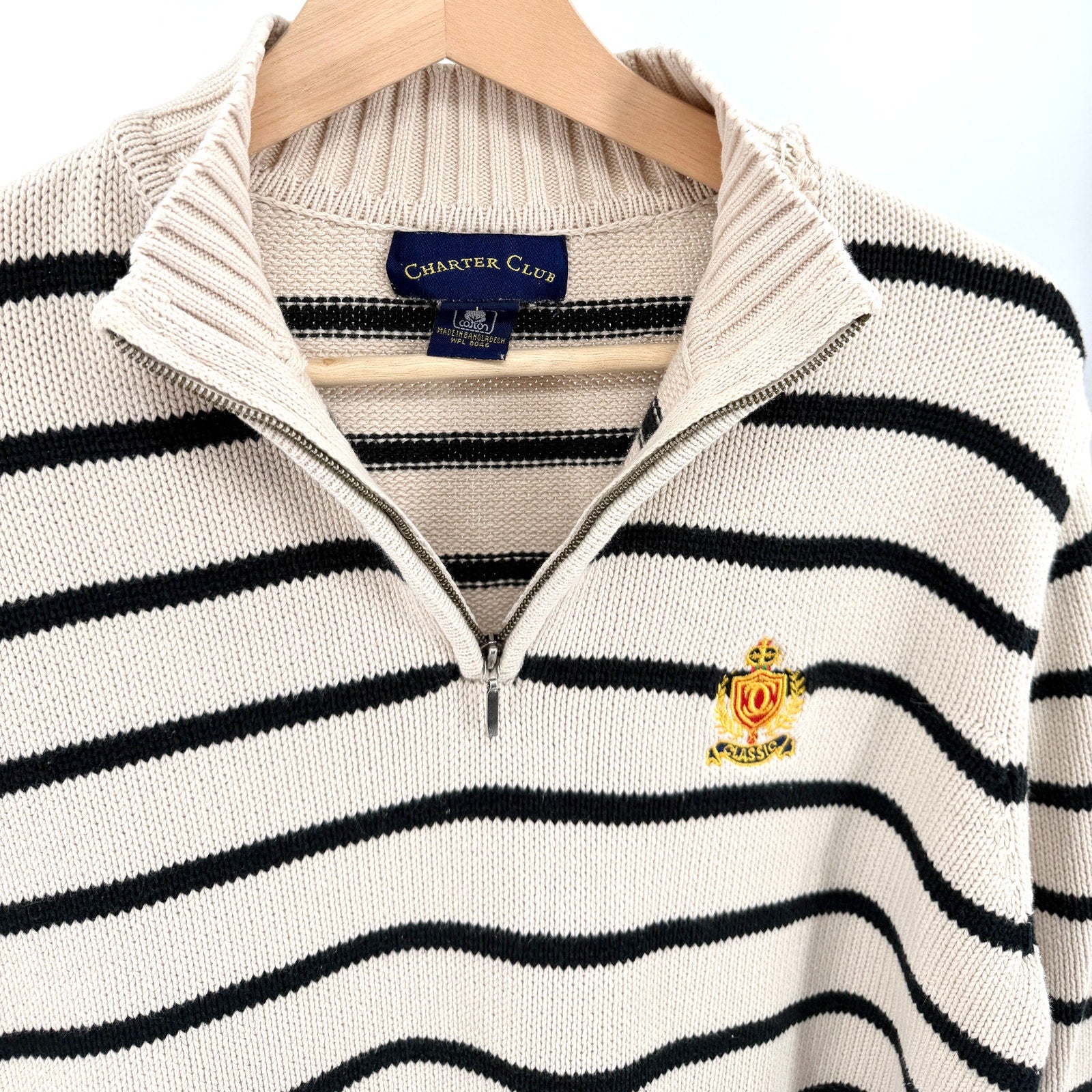 Vintage Y2K Charter Club Cream Black 100% Cotton Gold Crest Half Zip Sweater
