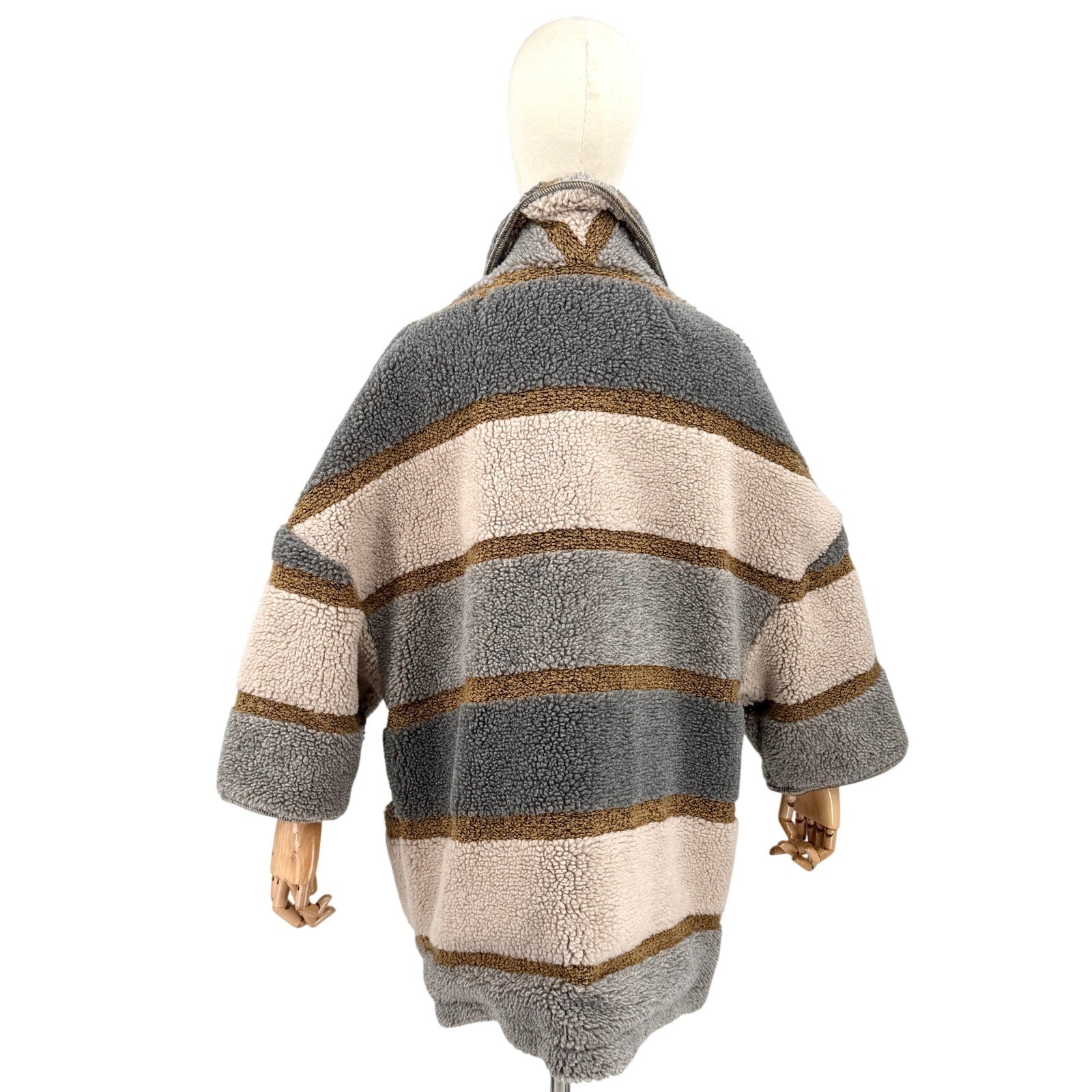 en THREAD Gray Tan Striped Oversized Cocoon Duffel Coat
