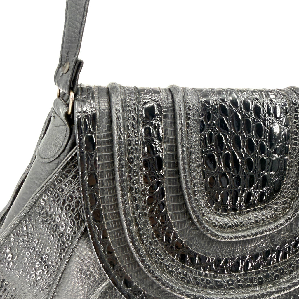 Vintage 80s Black Genuine Leather Patent Mock Croc Shoulder Bag