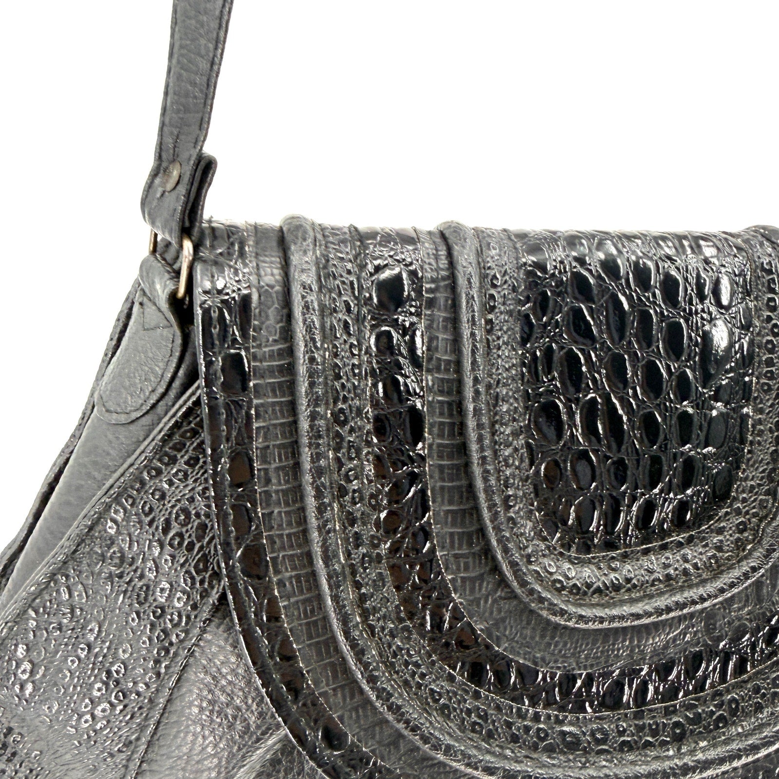 Vintage 80s Black Genuine Leather Patent Mock Croc Shoulder Bag