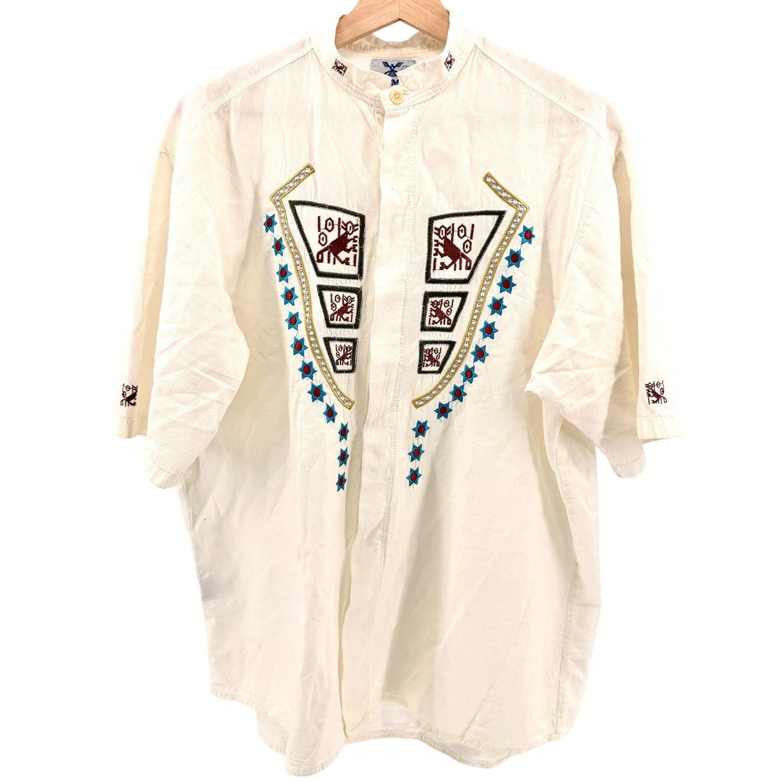 Vintage 80s Ayme Off White 100% Cotton Embroidered Short Sleeve Shirt