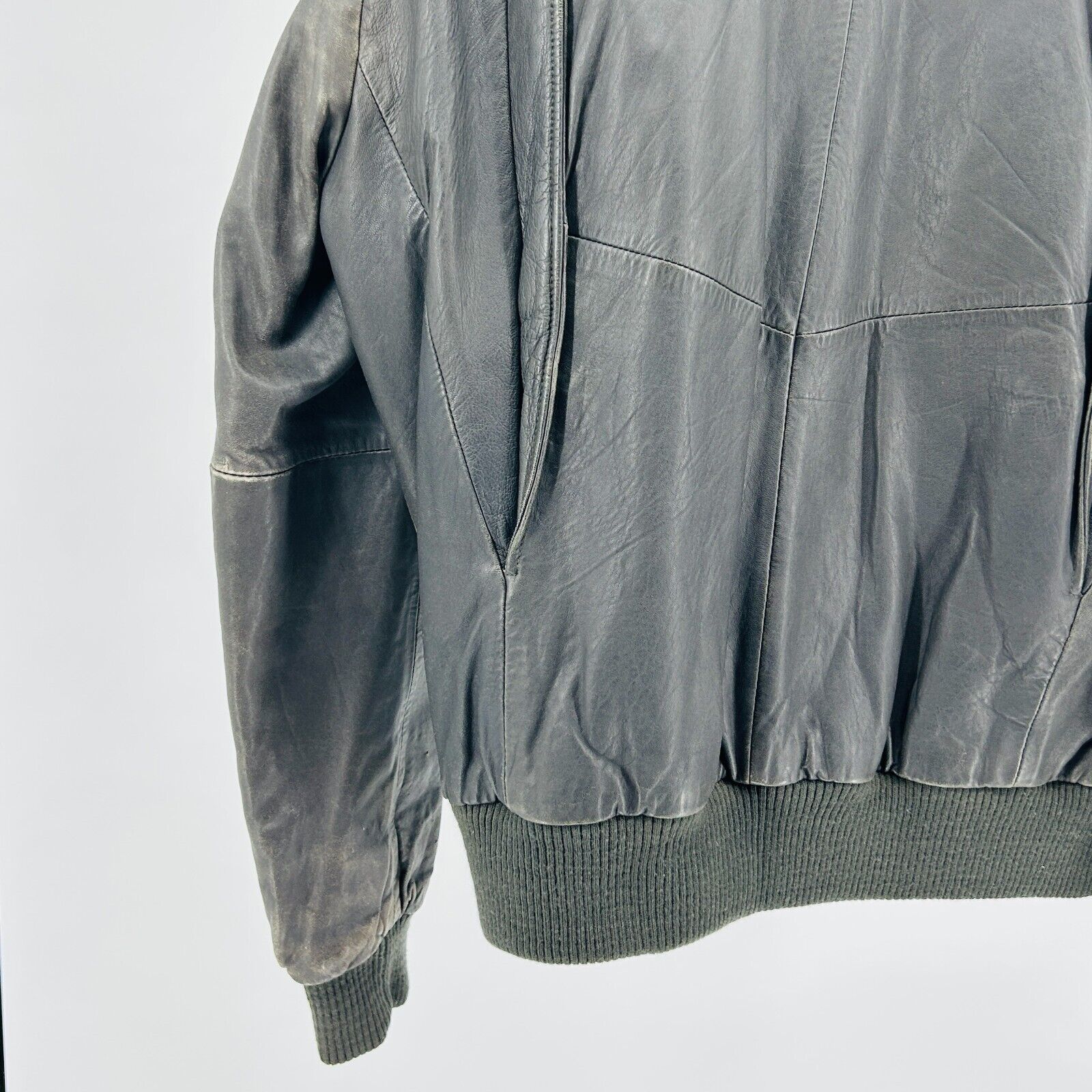 Vintage 80s Bloomingdale's Black Genuine Leather Distressed Bomber Jacket