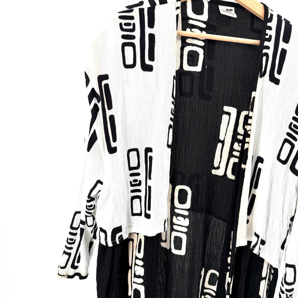 Vintage 90s Kembali Collection Black White Abstract Print Cotton Crinkle Duster