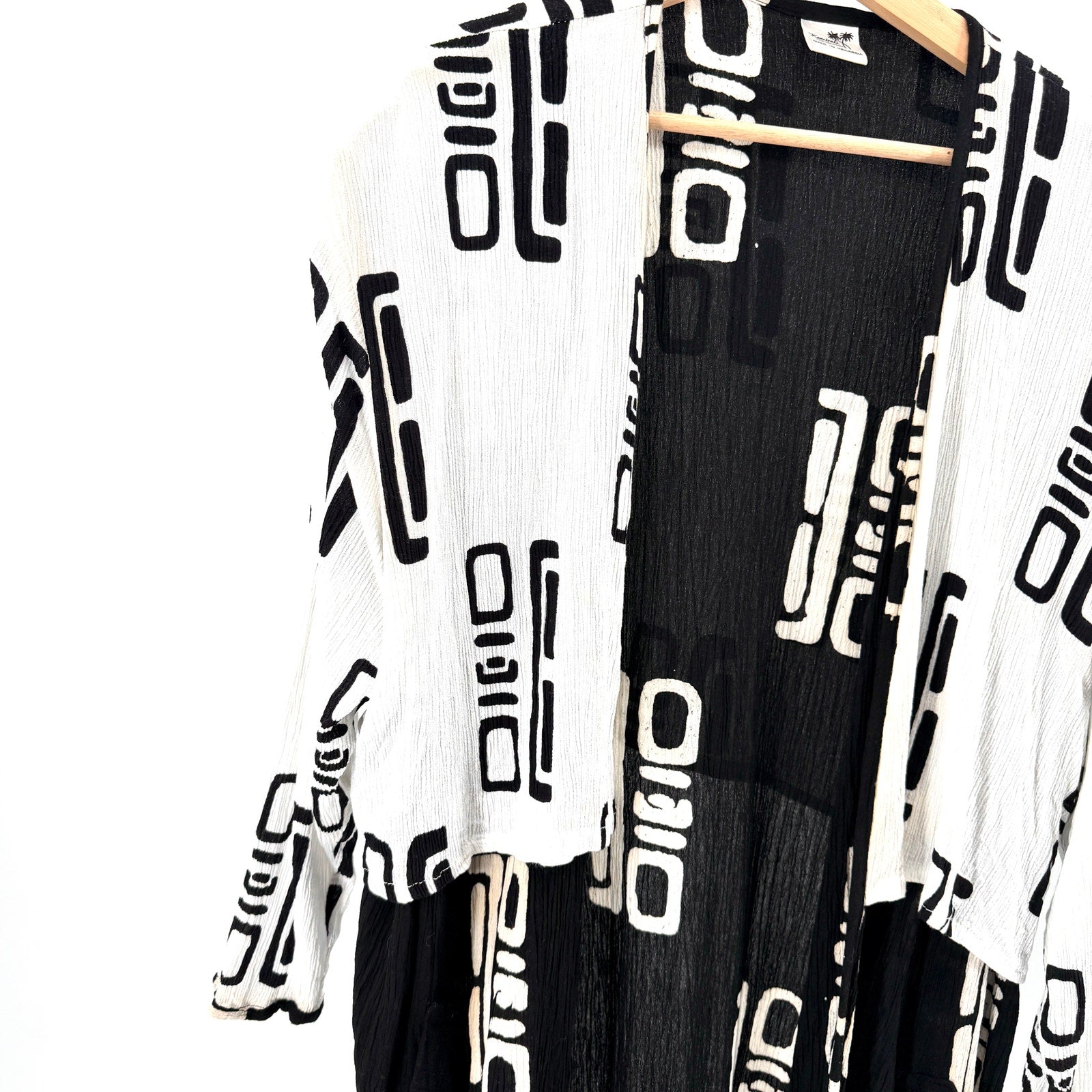 Vintage 90s Kembali Collection Black White Abstract Print Cotton Crinkle Duster