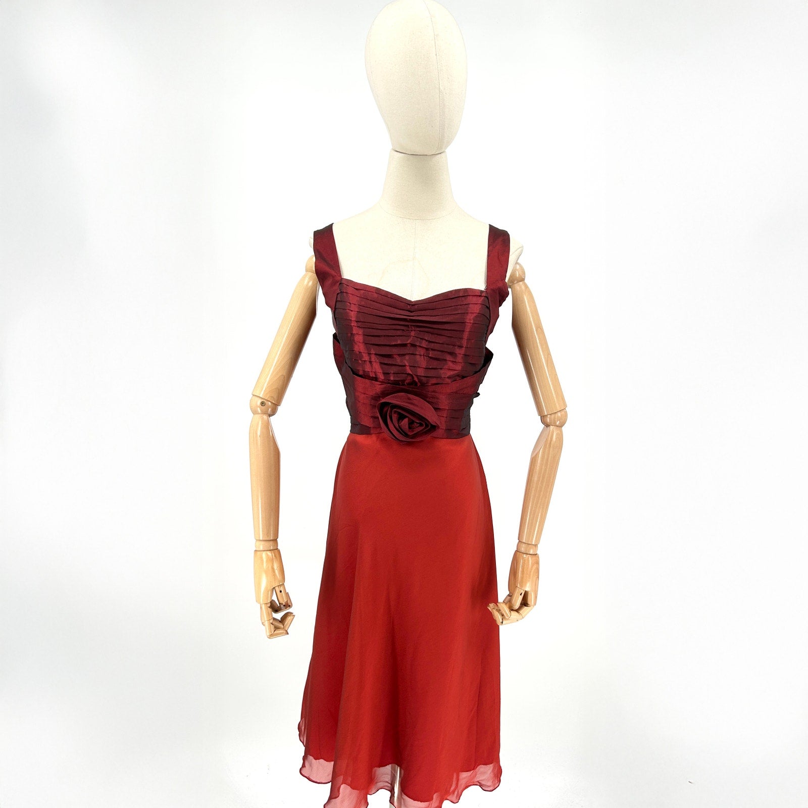 Vintage 50s Galatea Red Silk Iridescent Corset Rosette Midi Dress