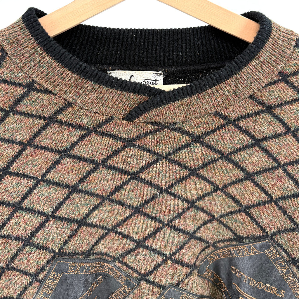 Vintage 80s Guy Laurent Brown 100% Wool Outdoor Leather Patch Sweater