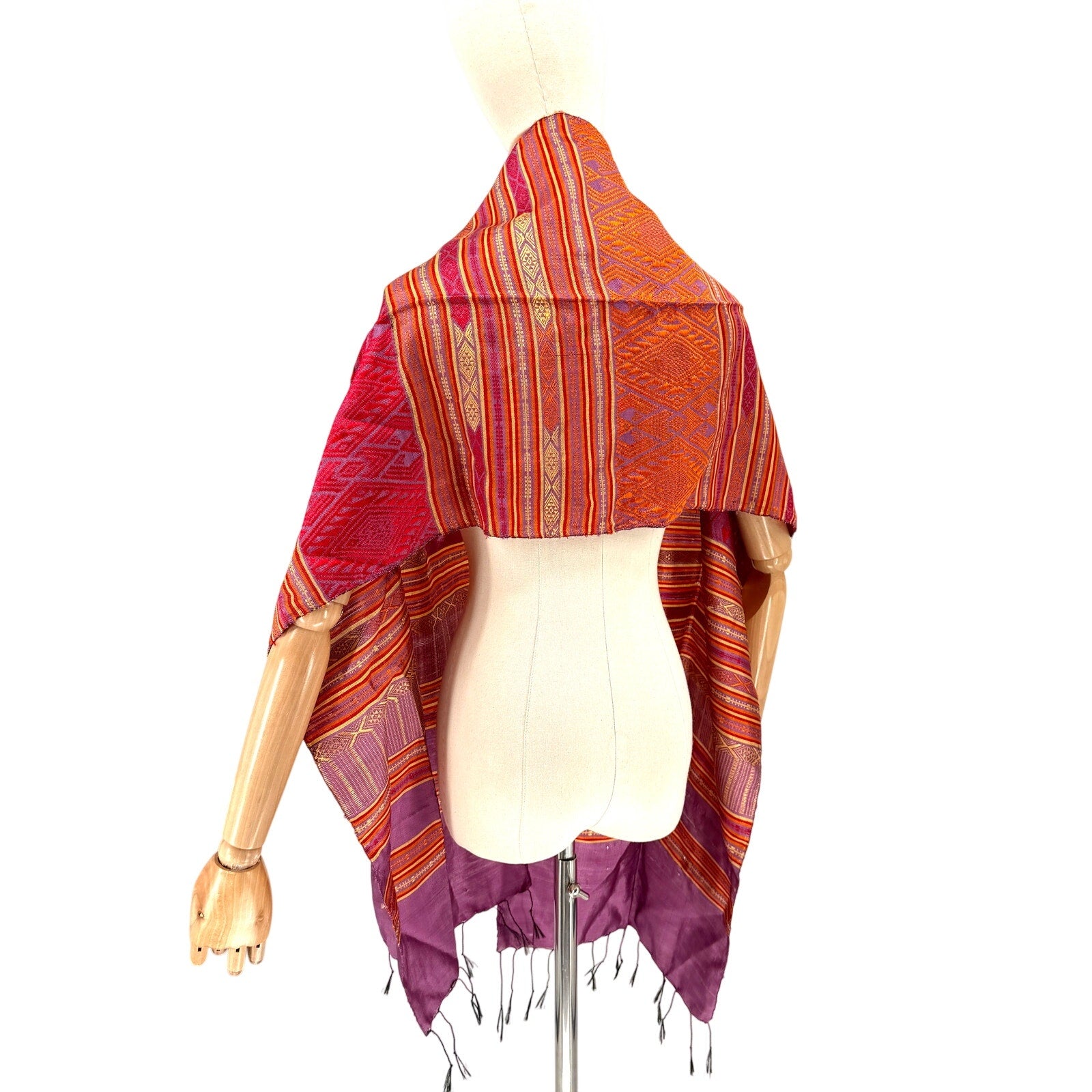 Purple Orange 100% Silk Tribal Woven Geometric Fringed Scarf
