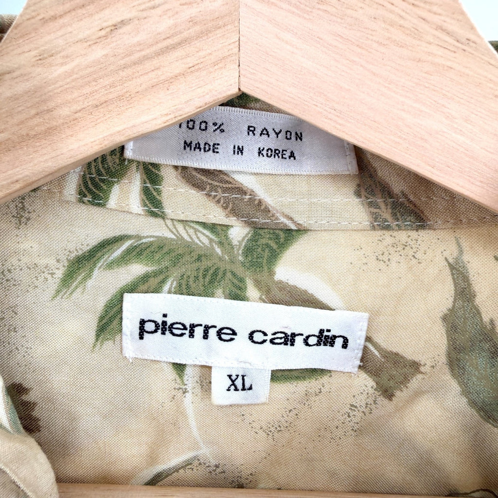 Vintage 90s Pierre Cardin Beige Green Tropical Palm Print Shirt