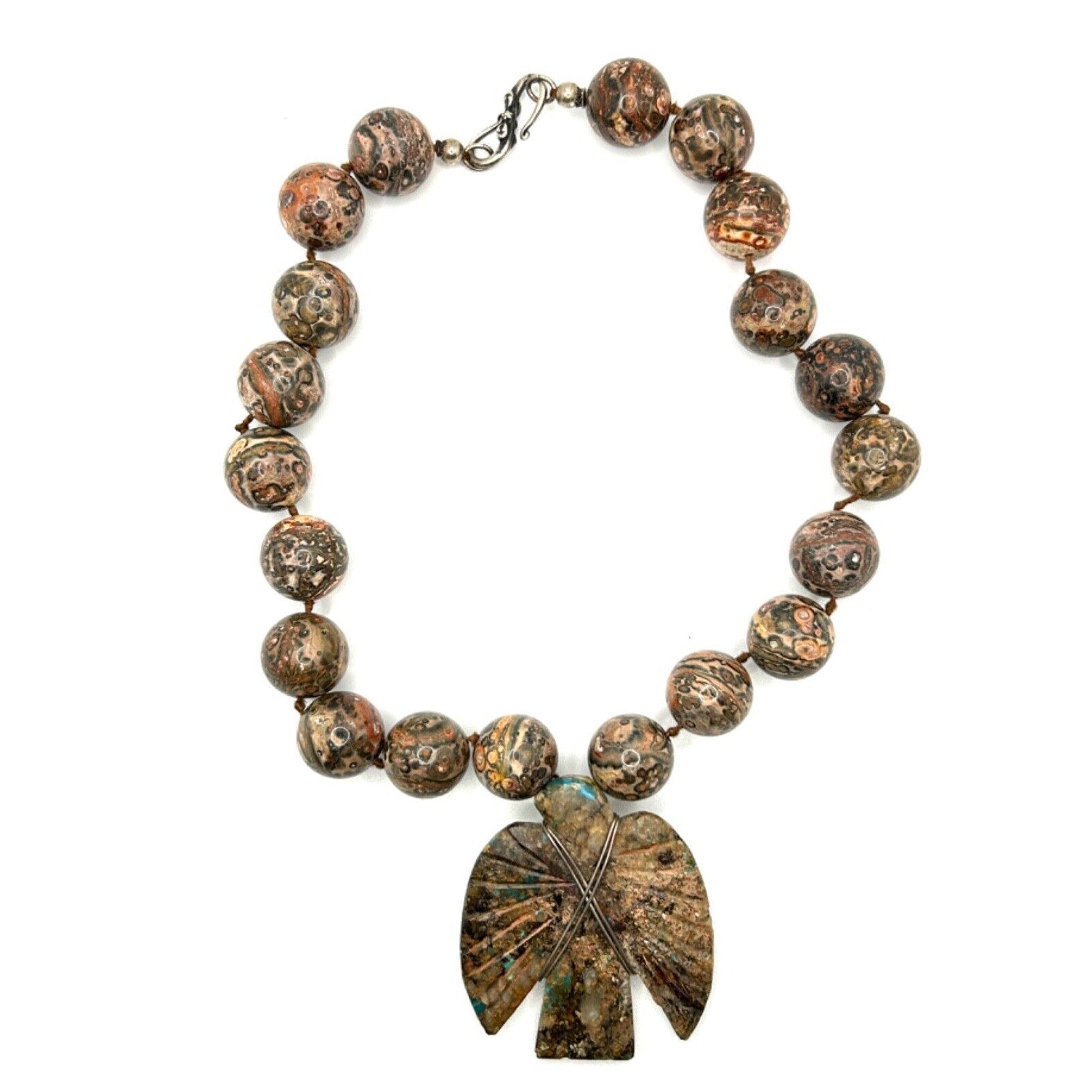 Vintage Artisan Leopard Skin Jasper Southwestern Hand-Carved Statement Necklace