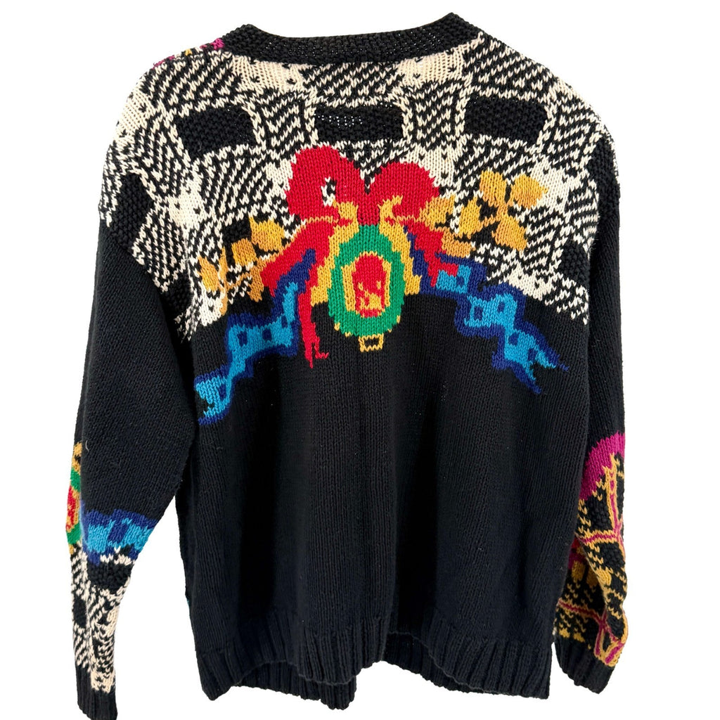 Vintage 90s Susan Bristol Black Hand Knit Novelty Intarsia Cardigan