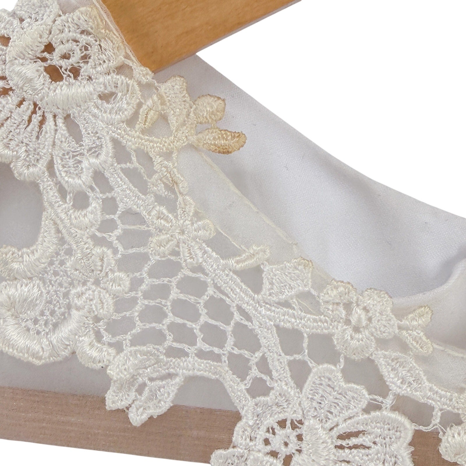 Vintage 70s Handmade White Lace Chiffon Prairie High Neck Wedding Dress Train