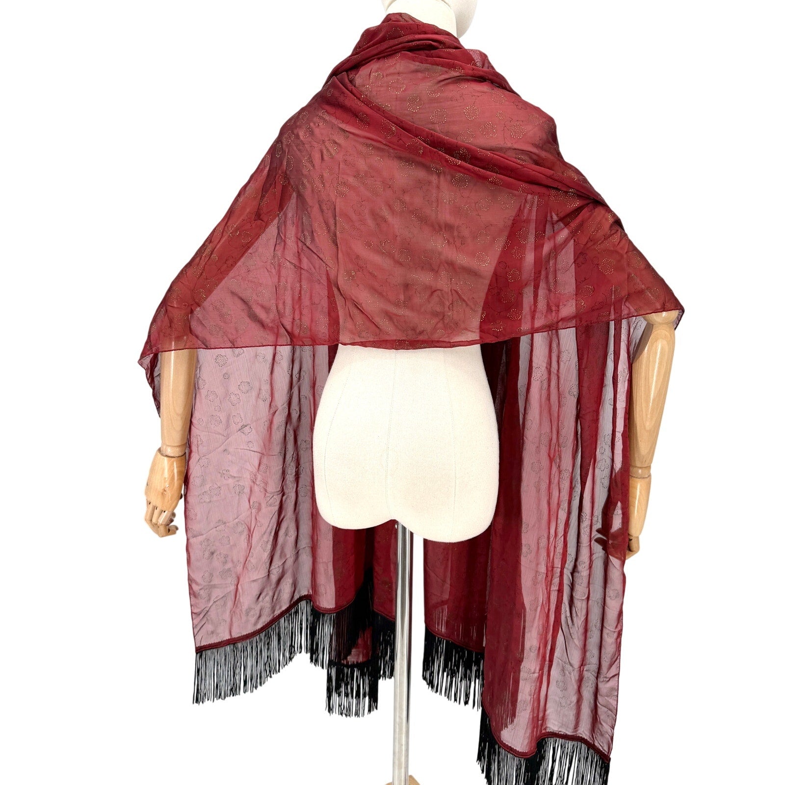 Vintage 90s Red Iridescent Chiffon Black Fringe Evening Wrap Scarf