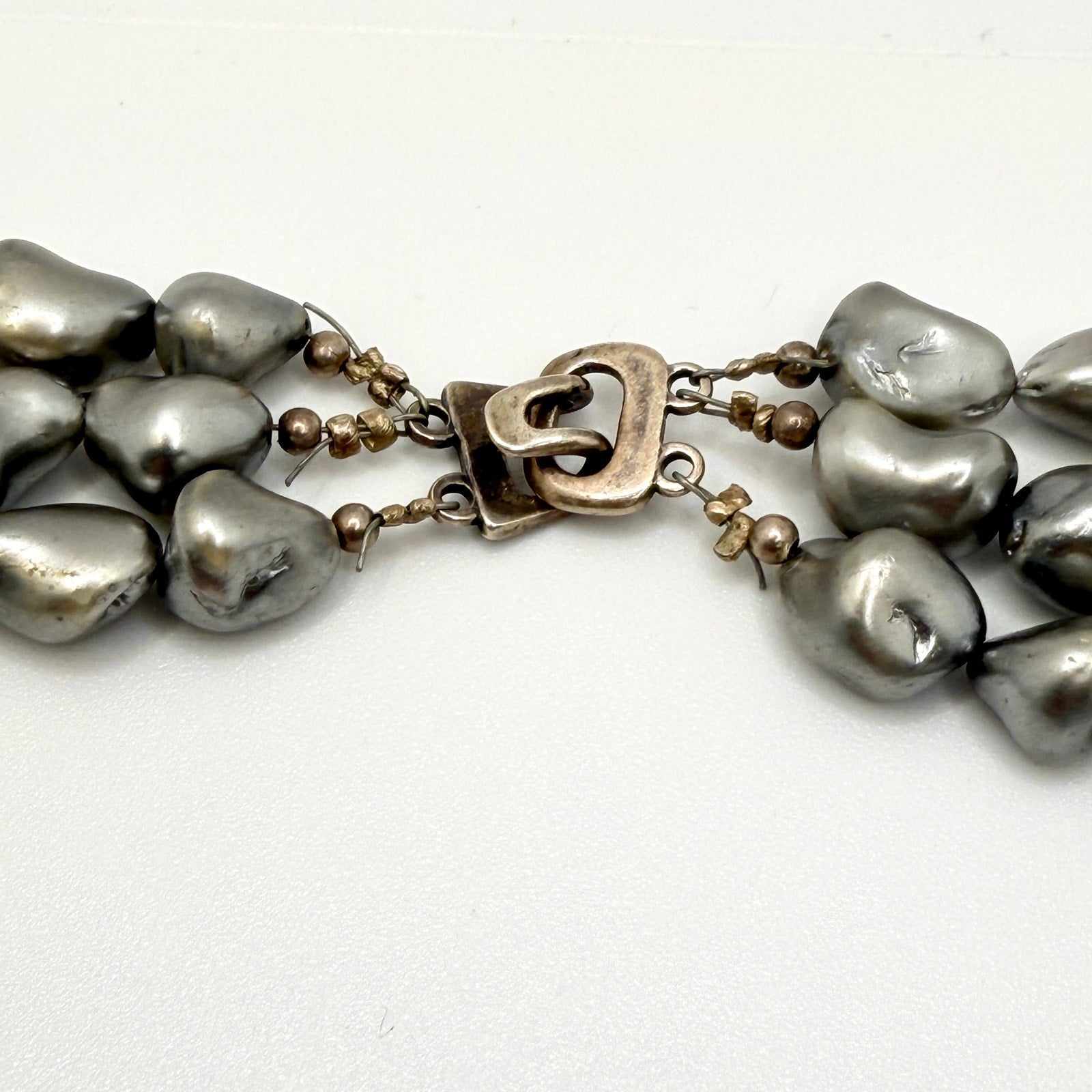 Vintage 90s Signed SJC Stamped 925 Sterling Grey Pearl Triple Strand Necklace