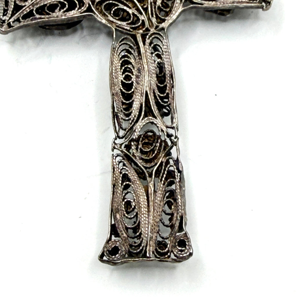 Vintage 70s Ornate Cannetille Sterling Silver Statement Cross Pendant