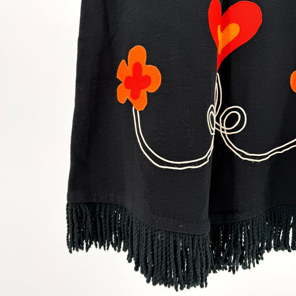 Vintage 70s Doodles by Jeannemarie Volk Black Heart Fringe Knit Midi Skirt