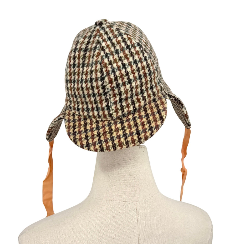 Vintage 60s Dunn & Co Harris Tweed Brown Wool Houndstooth Deerstalker Hat