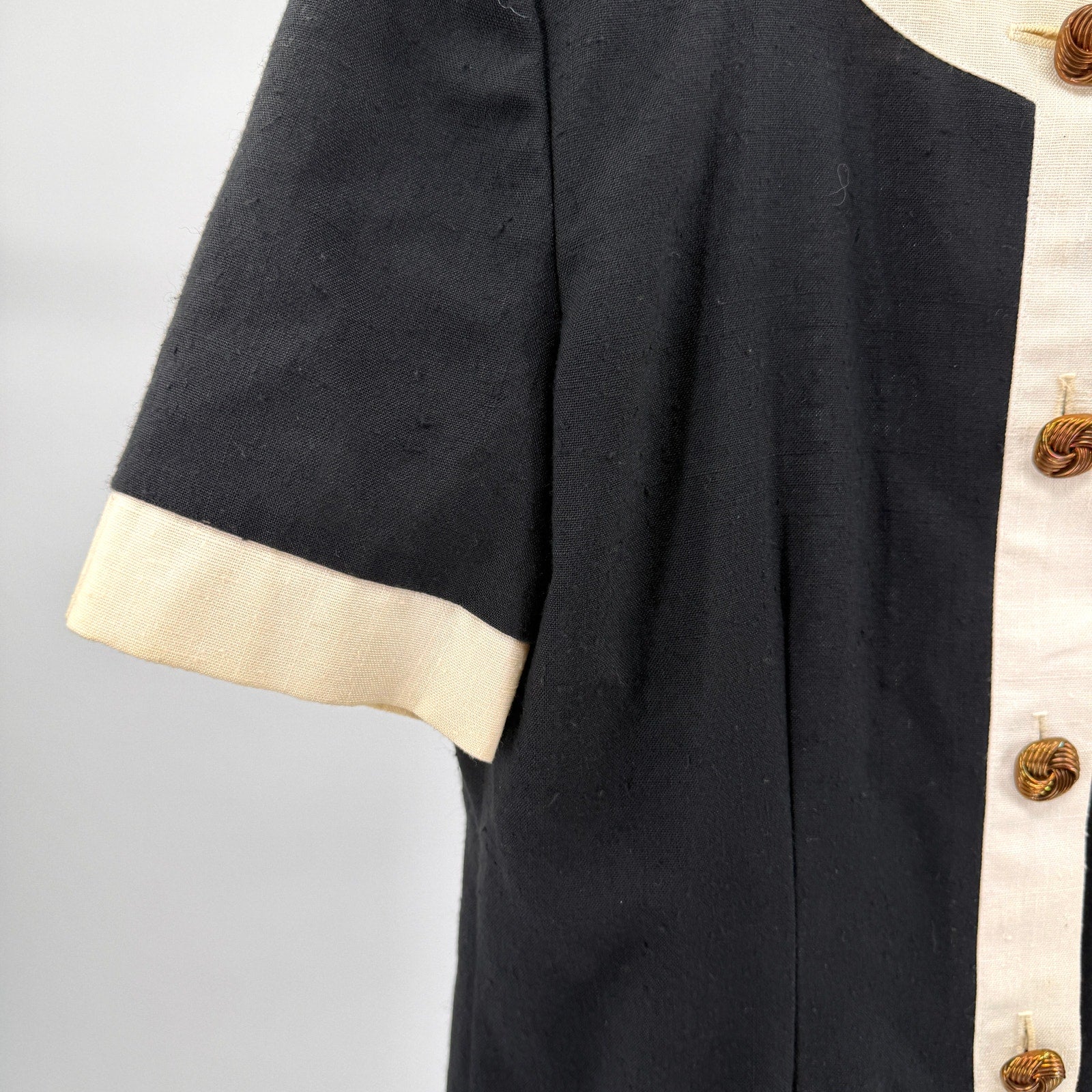 Vintage 80s Leslie Fay Black White Mod Linen Look Button Front Dress