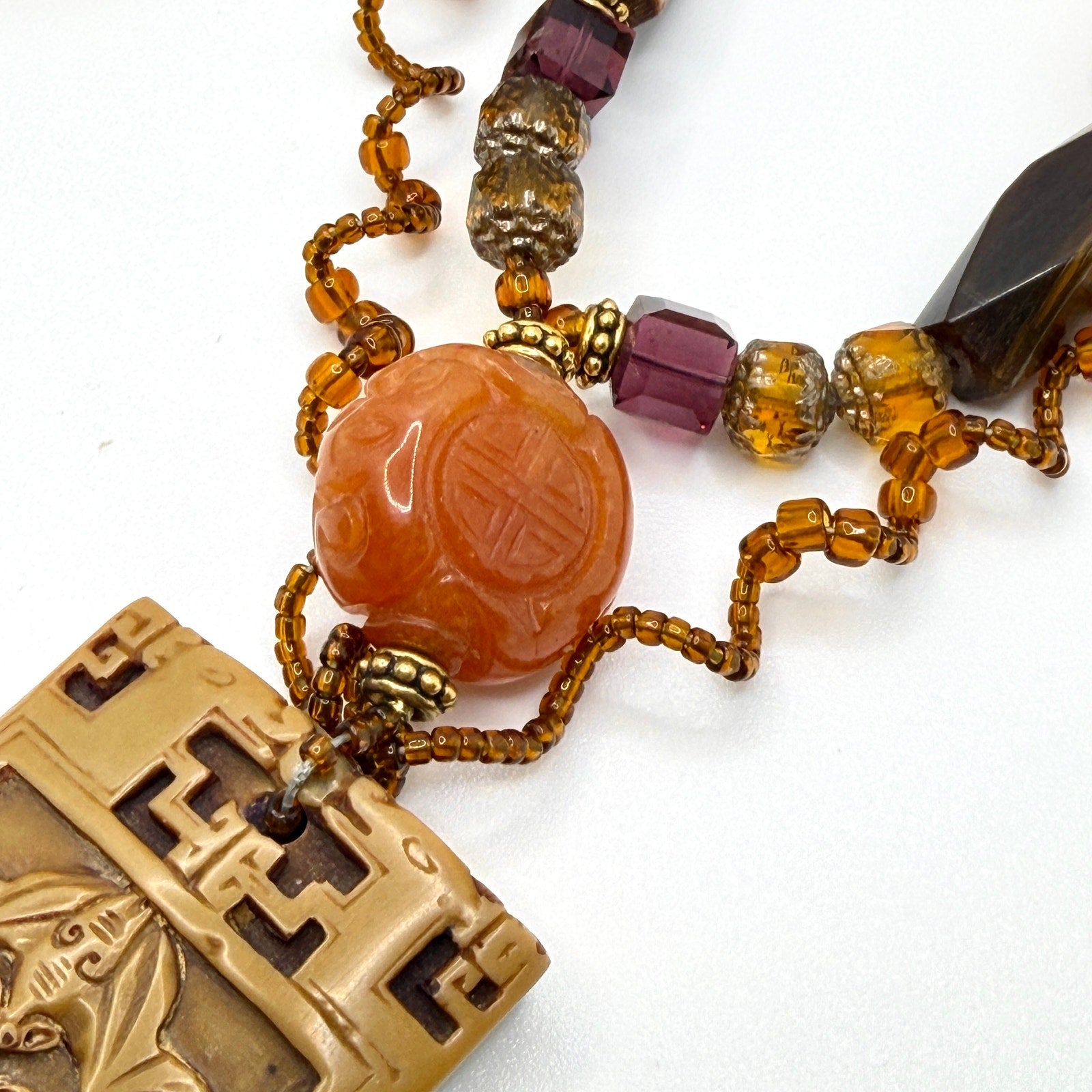 Vintage 90s Earthy Brown Resin Jade Carnelian Deity Statement Necklace