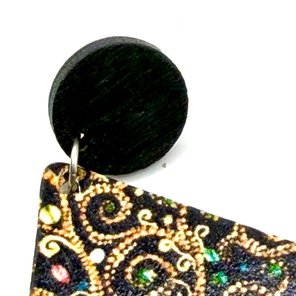 Vintage 90s Printed Wood Gustav Klimt Tree of Life Geometric Drop Earrings