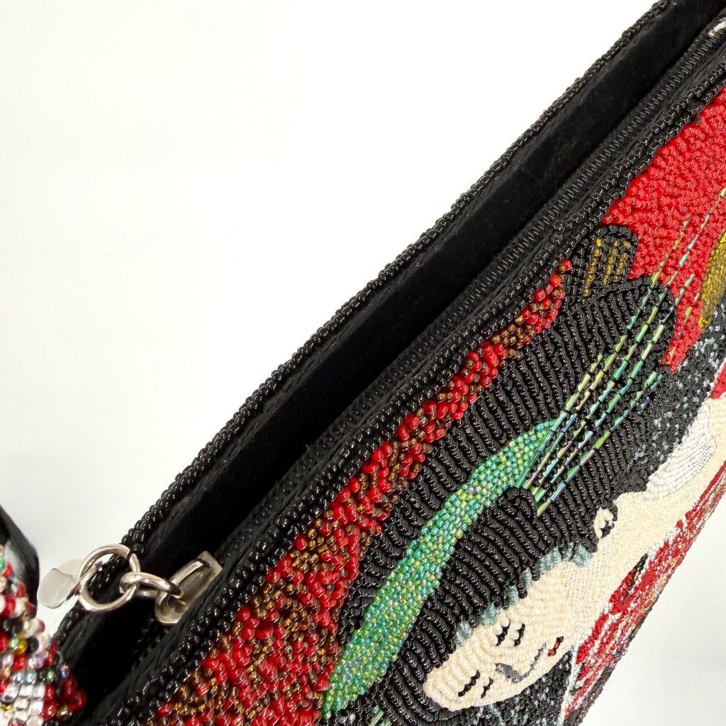 Vintage 90s Chicos Black Red Asian Geisha Portrait Fully Beaded Handbag