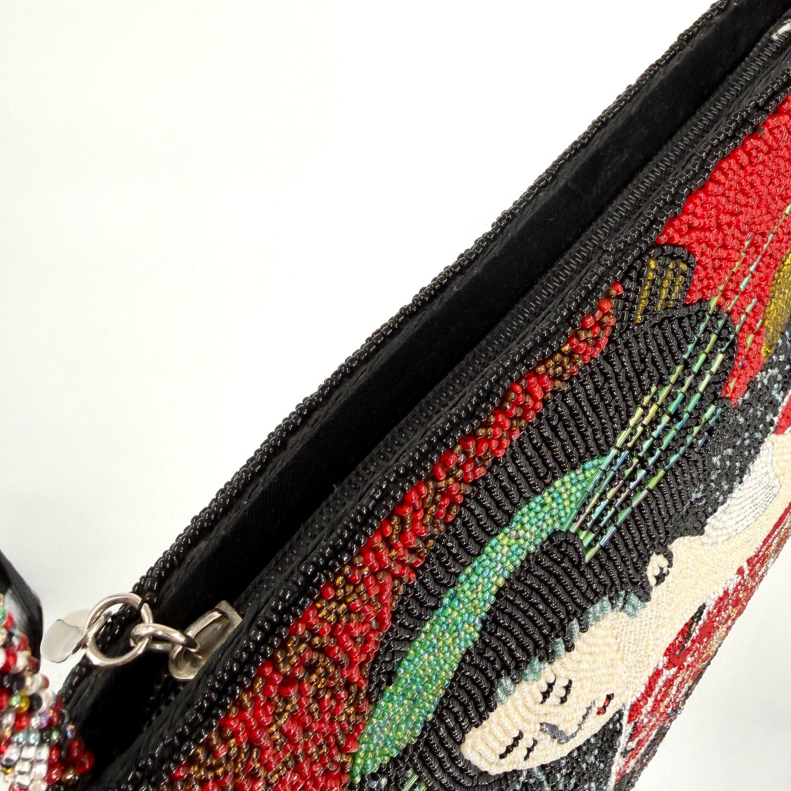 Vintage 90s Chicos Black Red Asian Geisha Portrait Fully Beaded Handbag