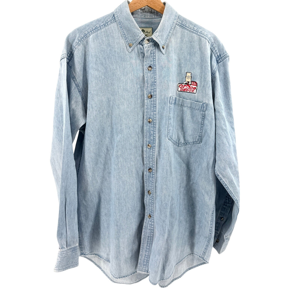 Vintage 90s Dilbert Office Depot Embroidered Oversized Denim Button-Up Shirt