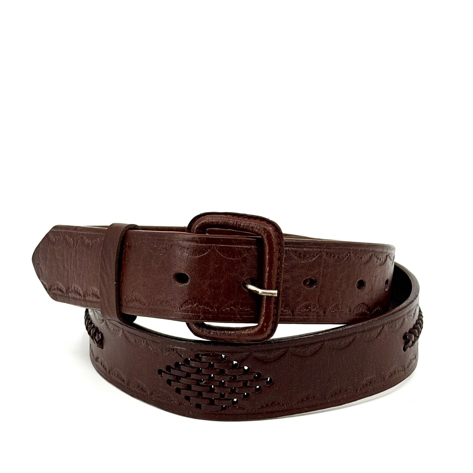 Vintage 80s Brown Genuine Leather Tooled Basketweave Western Belt