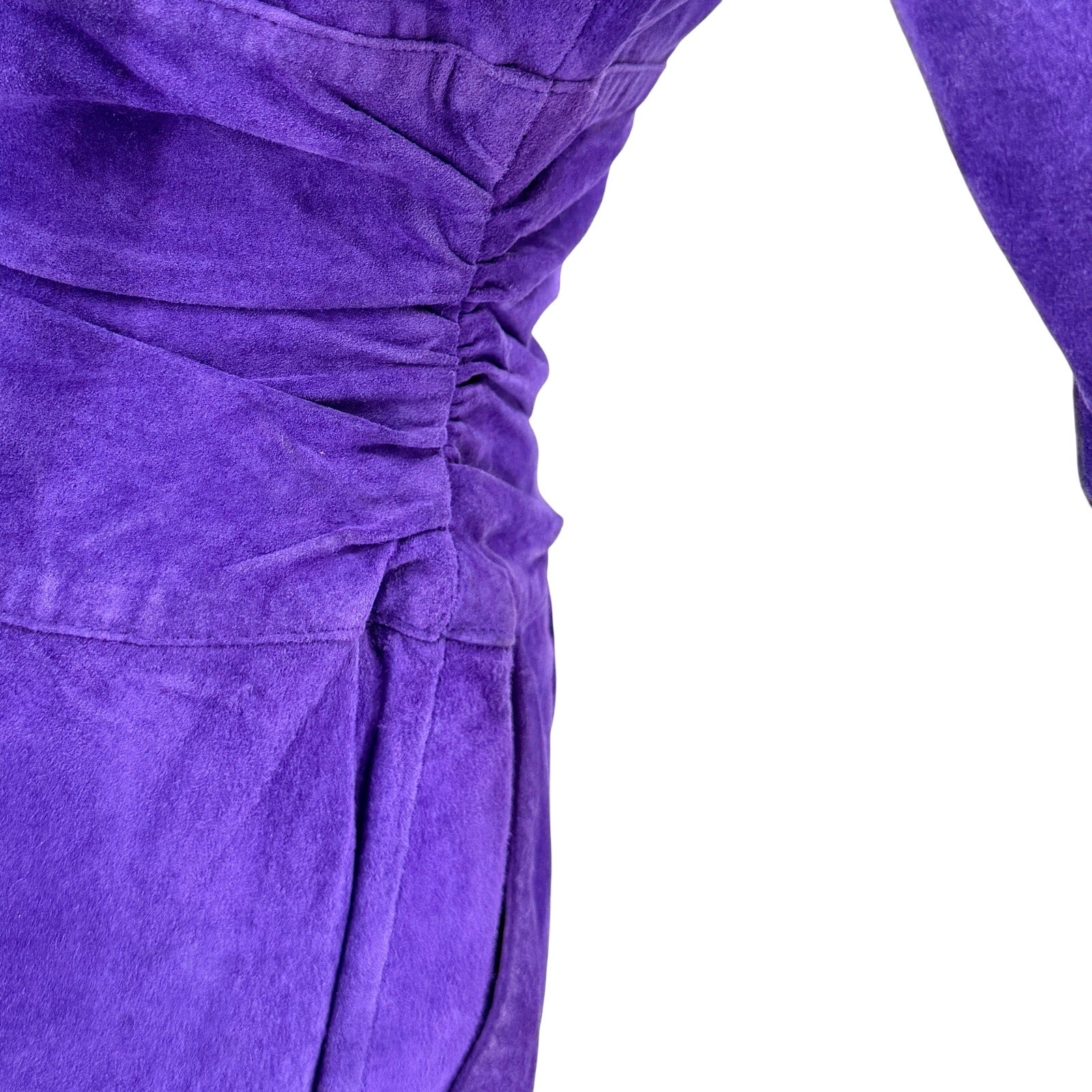 Vintage 80s Lord & Taylor Purple Genuine Suede Ruched Waist Pencil Dress
