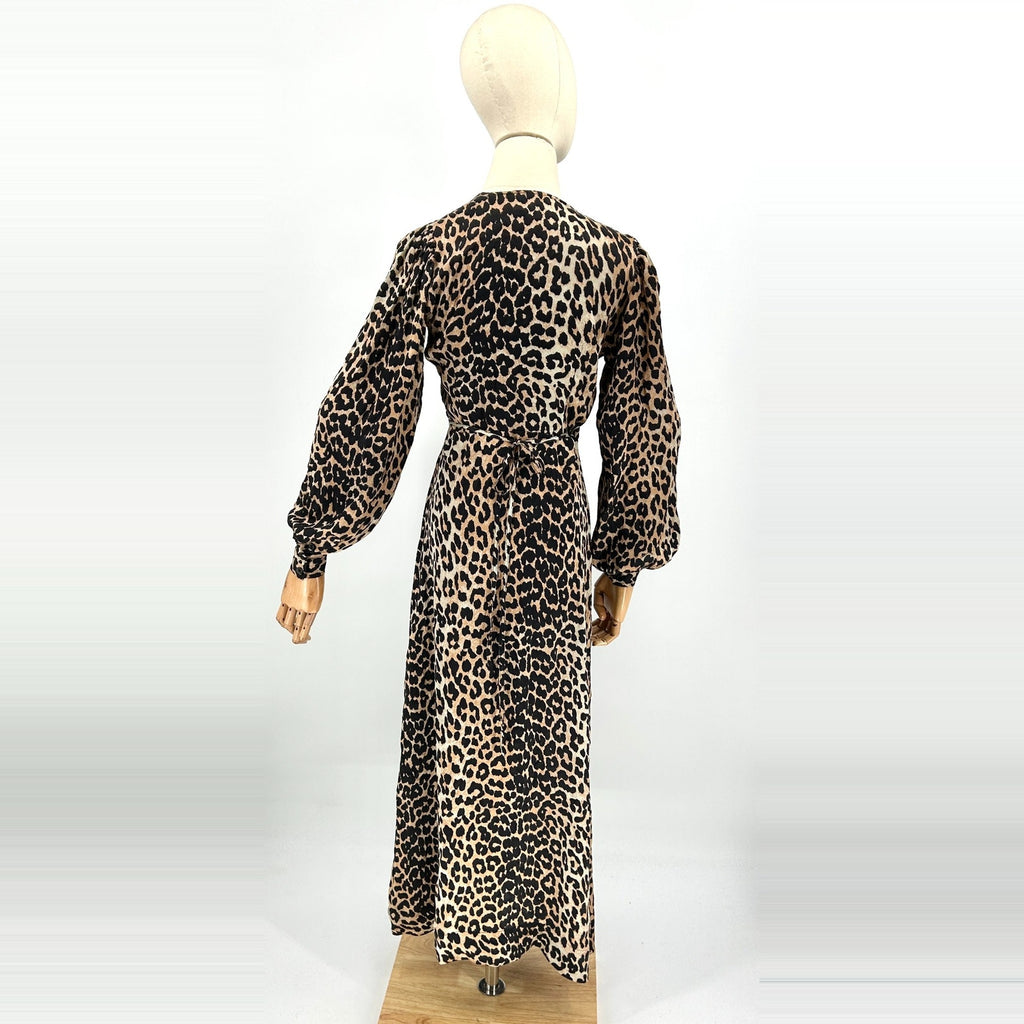 Ganni Silk Leopard Print Long Sleeve V-Neck Wrap Maxi Dress