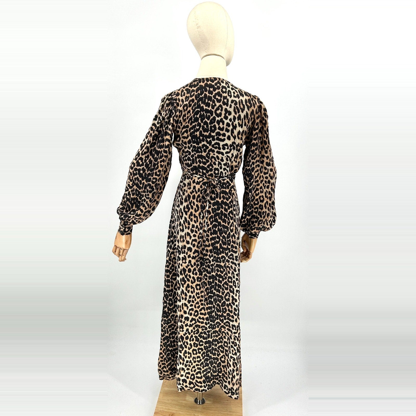 Ganni Silk Leopard Print Long Sleeve V-Neck Wrap Maxi Dress