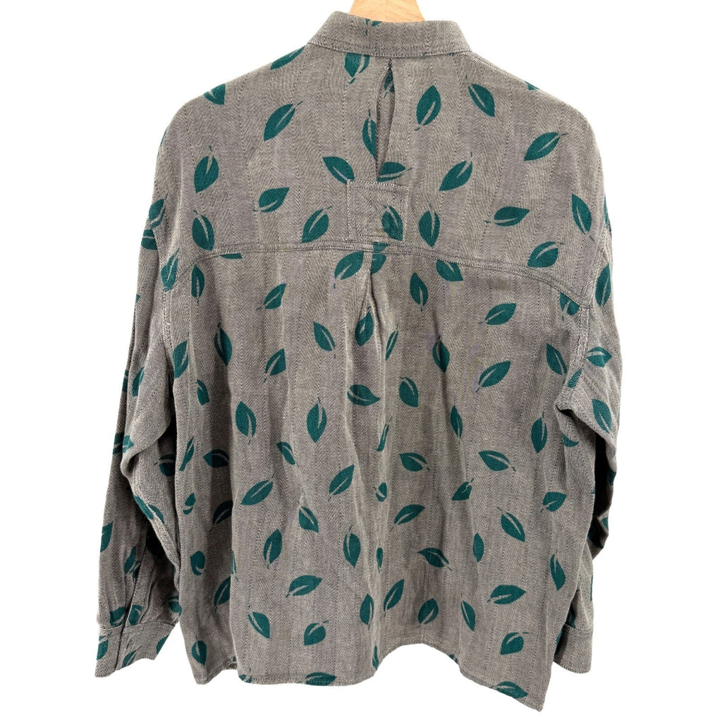 Vintage 80s Mazzoni Grey 100% Cotton Leaf Print Herringbone Shirt