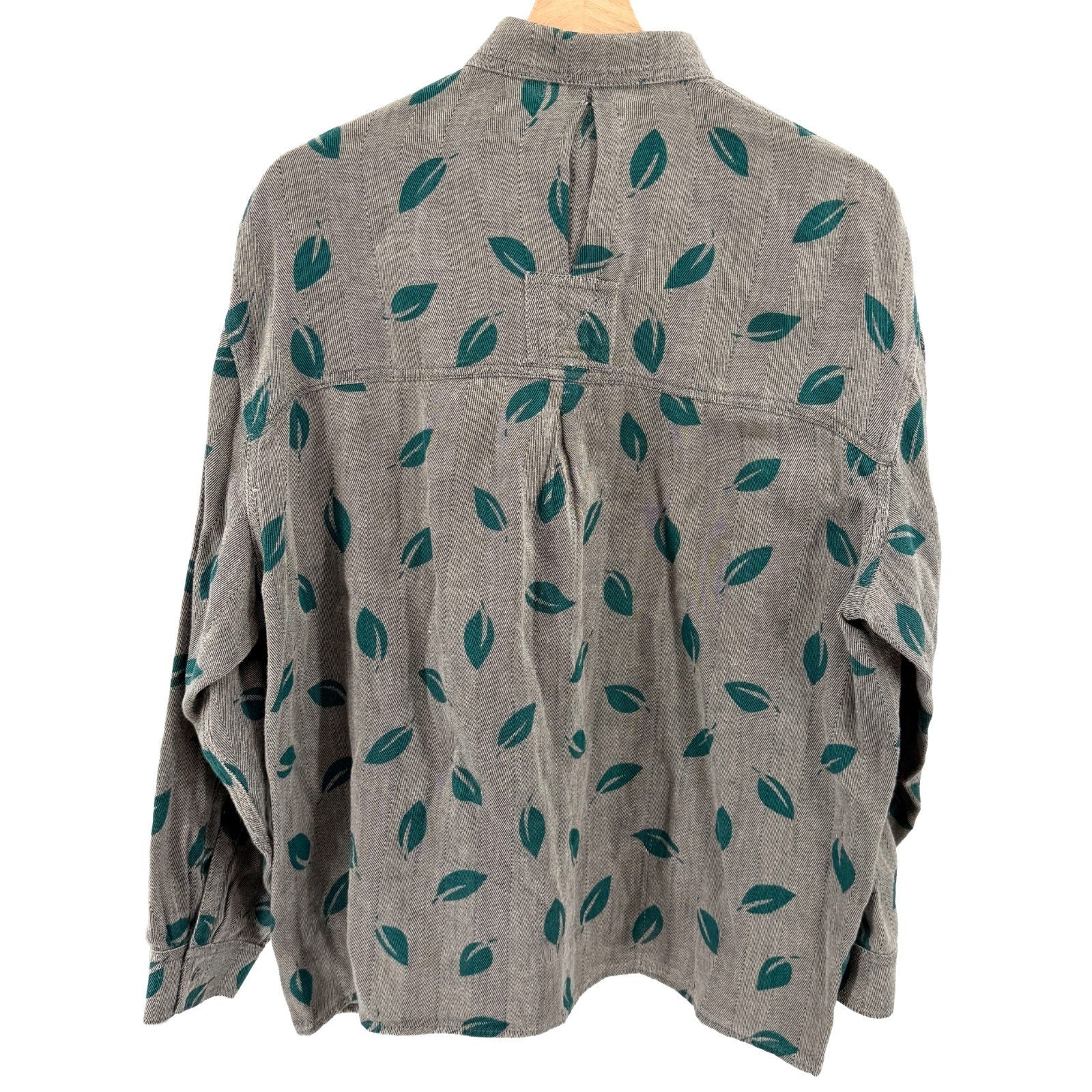 Vintage 80s Mazzoni Grey 100% Cotton Leaf Print Herringbone Shirt