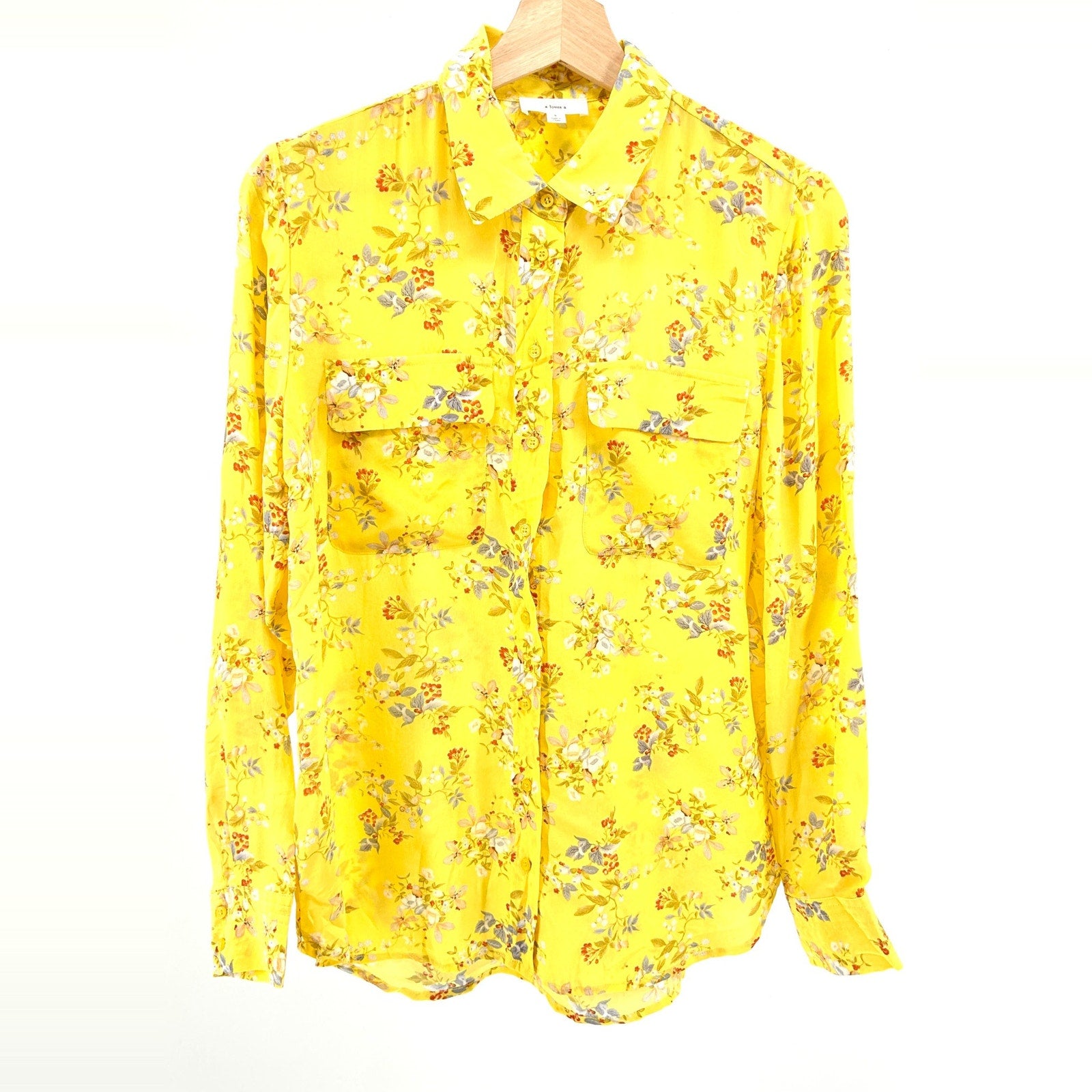 A Loves A Yellow Floral 100% Silk Boho Cottagecore Button Down Shirt