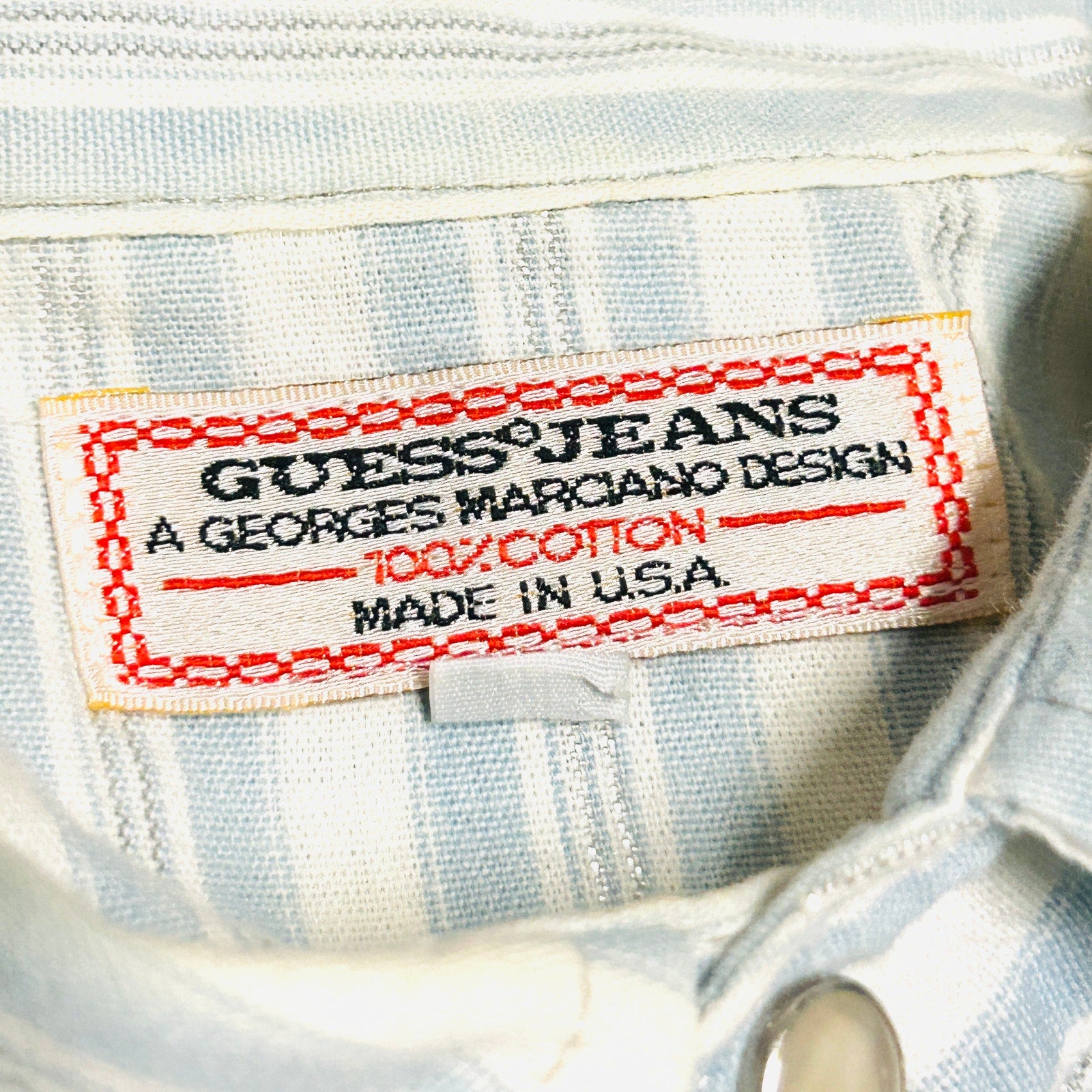 Vintage 80s Guess Jeans Light Blue White Striped Cotton Western Shirt