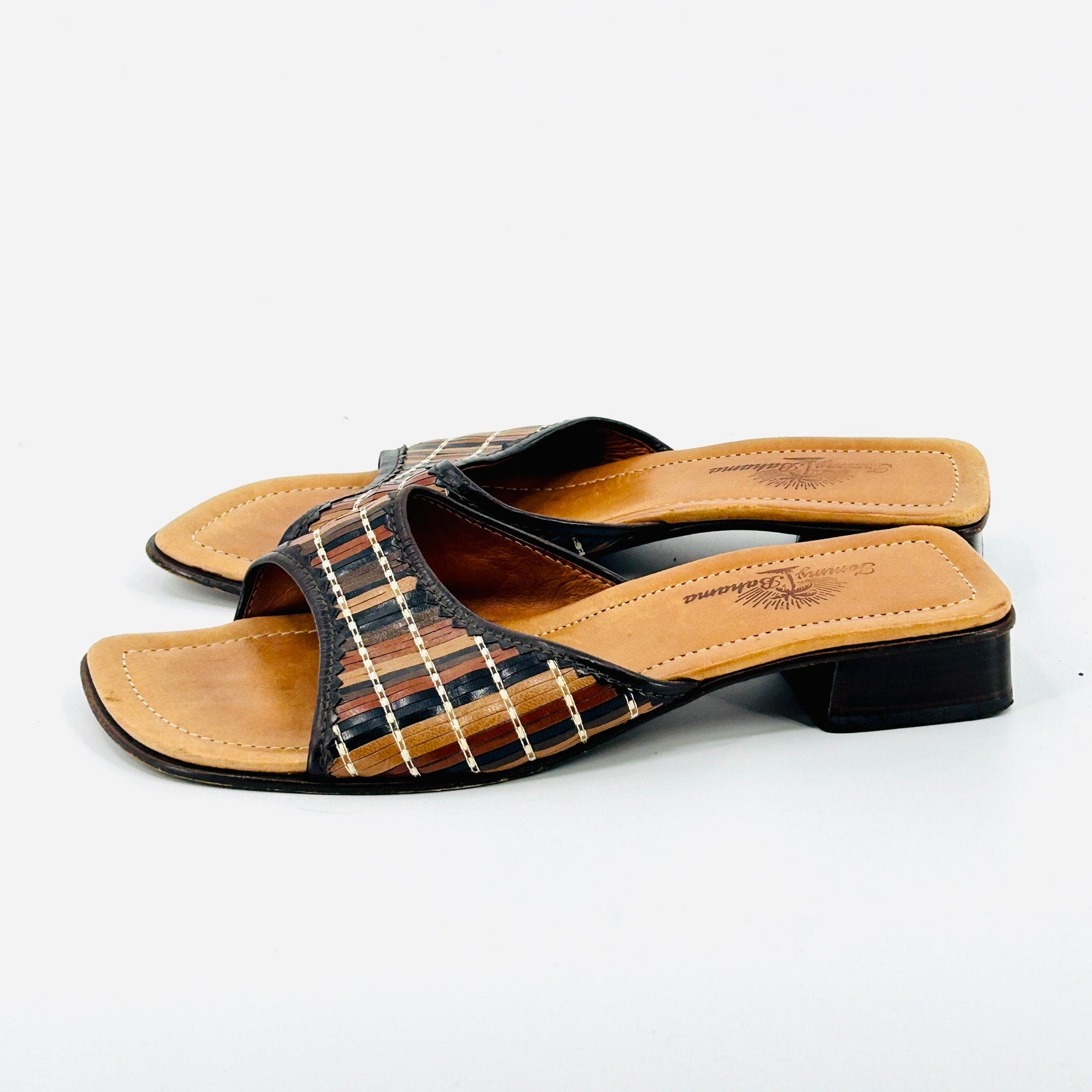 Vintage 90s Tommy Bahama Brown Tan Woven Leather Block Heel Mules