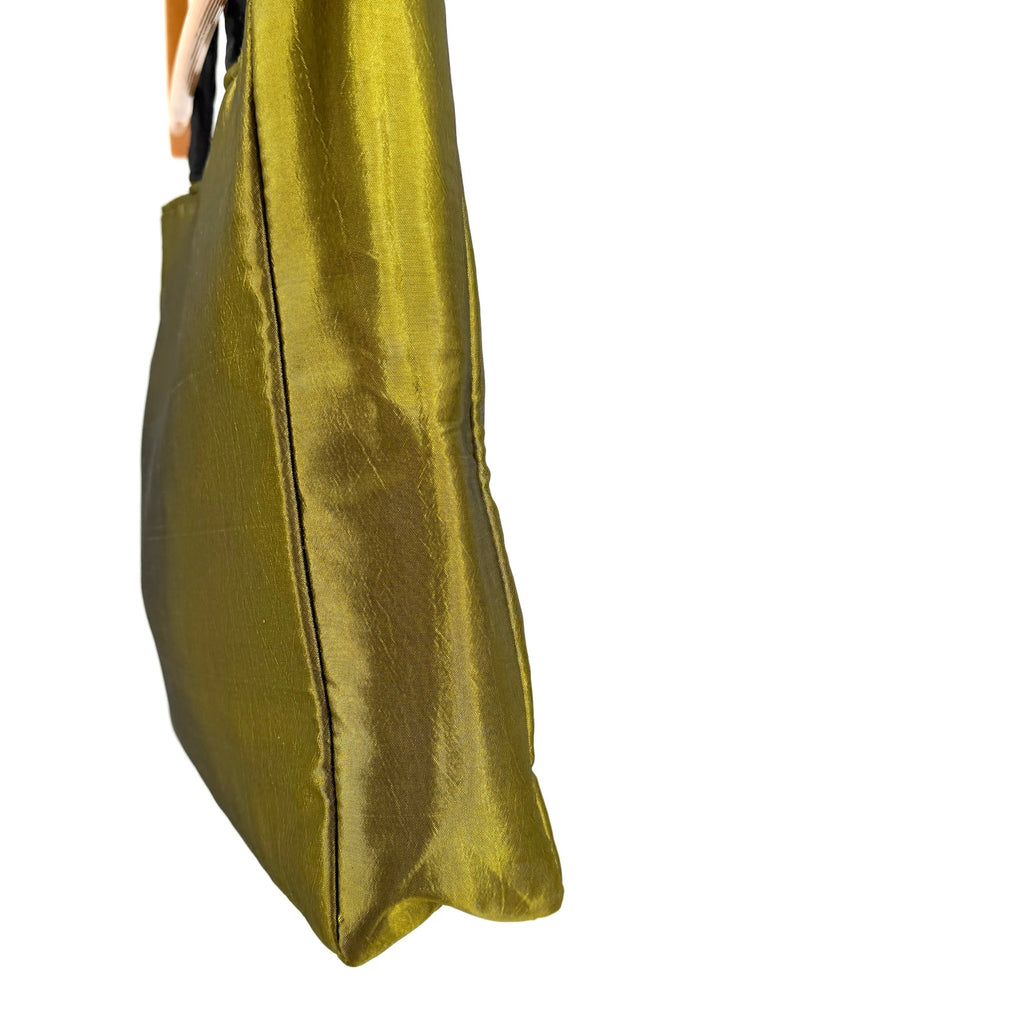 Vintage Y2K Chartreuse Green Padded Silk Embroidered Asian Tote Handbag