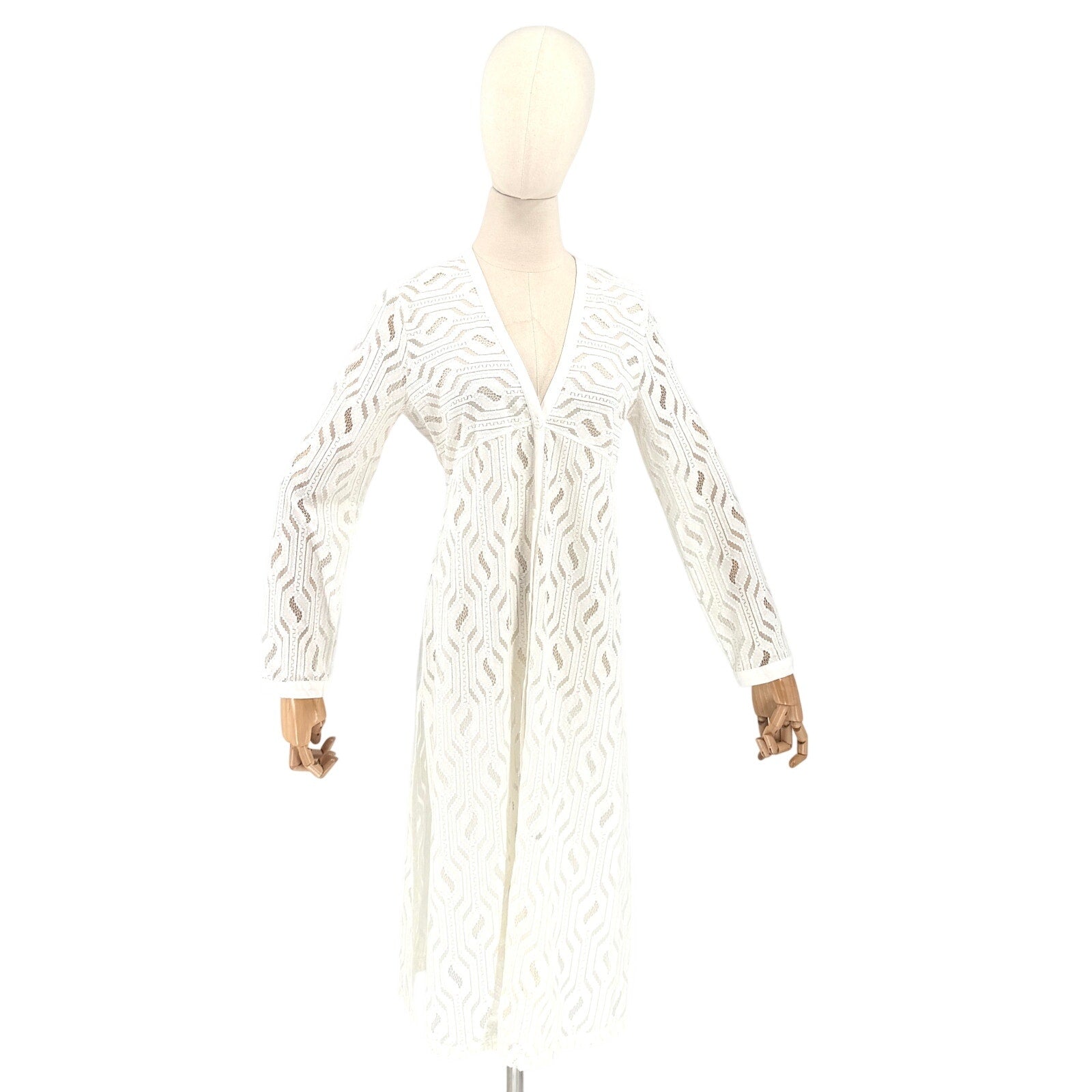 Sharon Young White Lace Geometric Button Front Midi Cover-Up Tunic