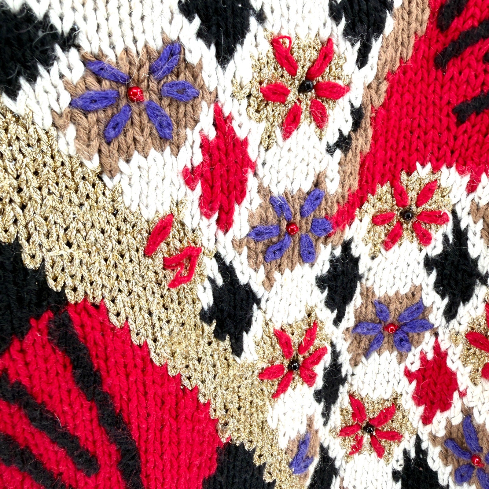 Vintage 90s Casual Corner Black Asian Floral Fan Graphic Beaded Sweater