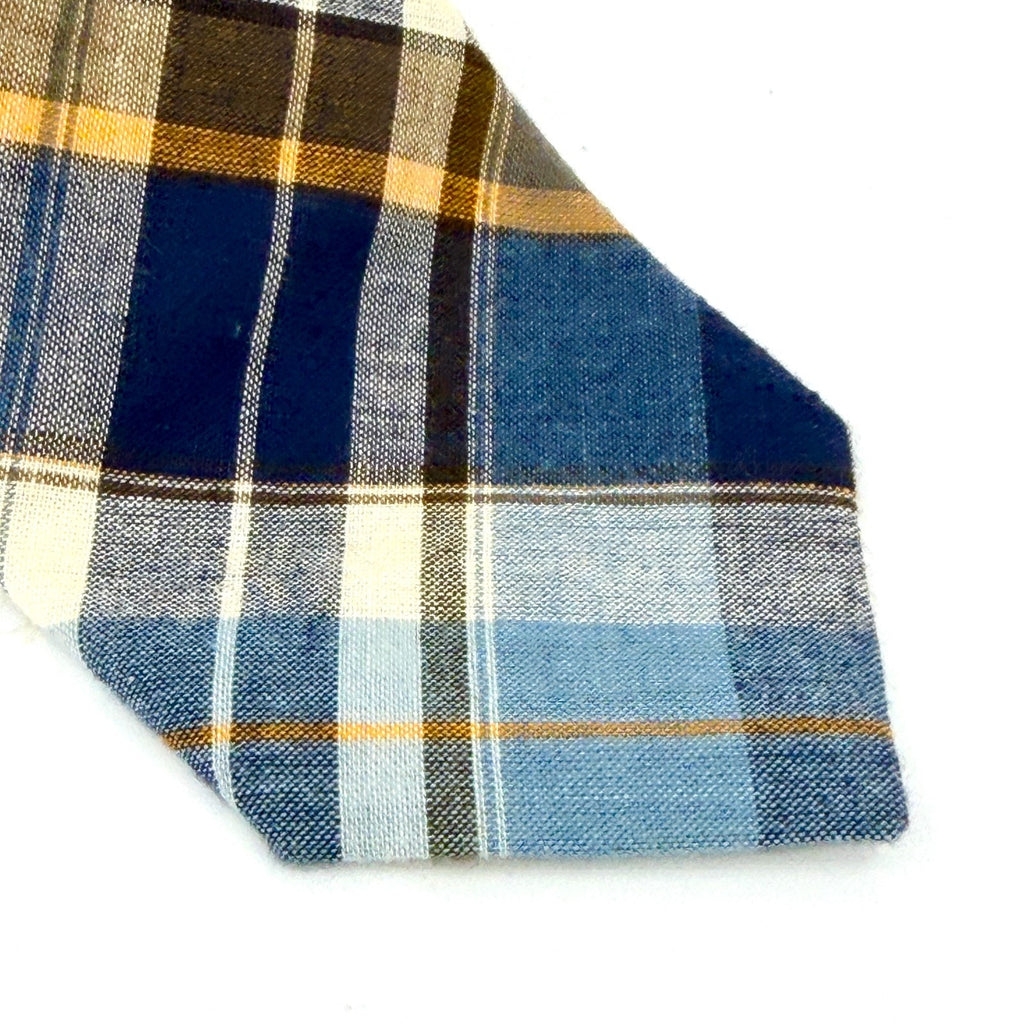 Blue White 100% Cotton Tartan Plaid Skinny Necktie Made In Japan