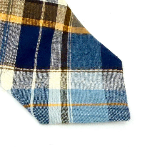 Blue White 100% Cotton Tartan Plaid Skinny Necktie Made In Japan