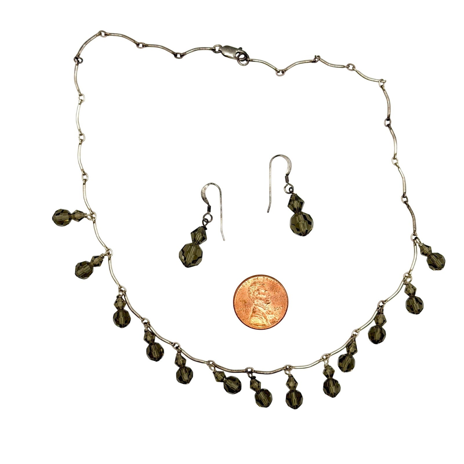 Vintage 90s Smoky Grey Crystal Faceted Dangle Necklace Earring Set